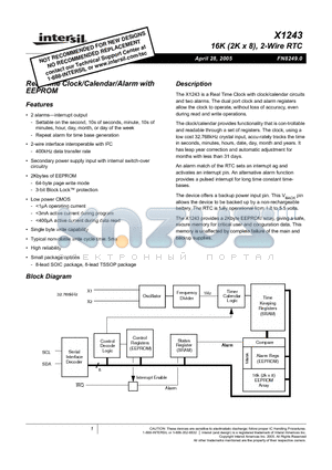 X1243S8 datasheet - Real Time Clock/Calendar/Alarm with EEPROM