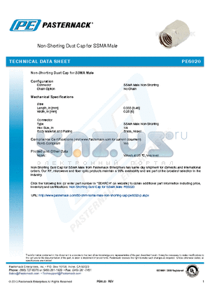 PE6020 datasheet - Non-Shorting Dust Cap for SSMA Male