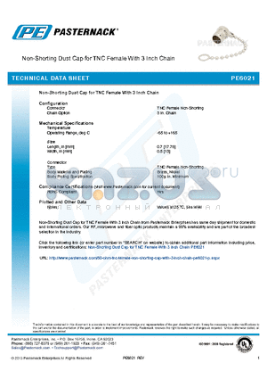 PE6021 datasheet - Non-Shorting Dust Cap for TNC Female With 3 Inch Chain