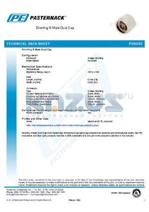 PE6022 datasheet - Shorting N Male Dust Cap