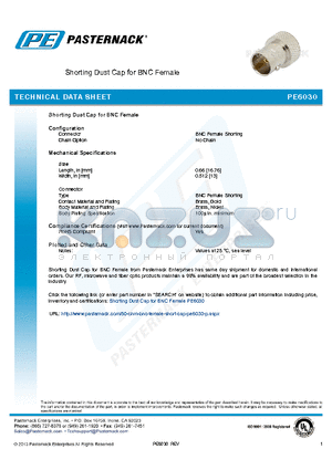 PE6030 datasheet - Shorting Dust Cap for BNC Female