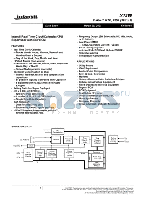 X1286 datasheet - Intersil Real Time Clock/Calendar/CPU Supervisor with EEPROM X1286