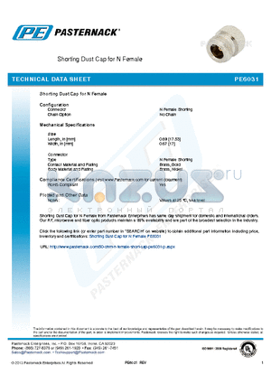 PE6031 datasheet - Shorting Dust Cap for N Female