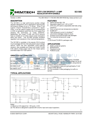 SC1565 datasheet - VERY LOW DROPOUT 1.5 AMP REGULATOR WITH ENABLE