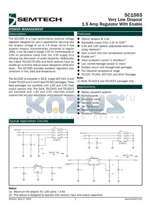 SC1565I5MX.XTRT datasheet - Very Low Dropout 1.5 Amp Regulator With Enable