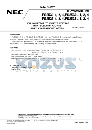 PS2534-4 datasheet - HIGH COLLECTOR TO EMITTER VOLTAGE HIGH ISOLATION VOLTAGE MULTI PHOTOCOUPLER SERIES