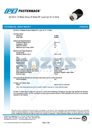 PE6035 datasheet - 50 Ohm 10 Watts Brass N Male RF Load Up To 18 GHz