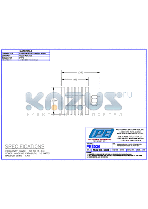 PE6036 datasheet - SMA MALE HIGH POWER TERMINATION FREQUENCY RANGE: DC TO 18 GHz