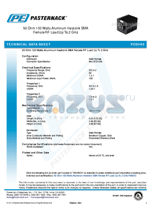 PE6043 datasheet - 50 Ohm 100 Watts Aluminum Heatsink SMA Female RF Load Up To 2 GHz