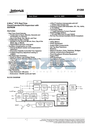 X1288S16 datasheet - 2-Wire RTC Real Time Clock/Calendar/CPU Supervisor with EEPROM