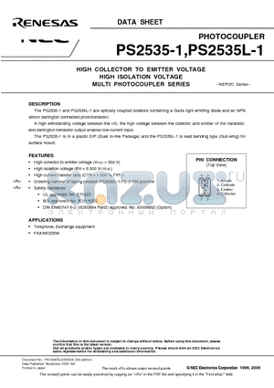 PS2535L-1-V datasheet - HIGH COLLECTOR TO EMITTER VOLTAGE HIGH ISOLATION VOLTAGE MULTI PHOTOCOUPLER SERIES