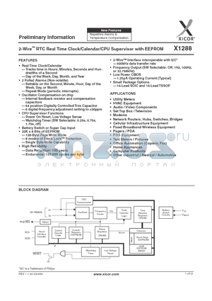 X1288S16I-2.7A datasheet - 2-Wire RTC Real Time Clock/Calendar/CPU Supervisor with EEPROM