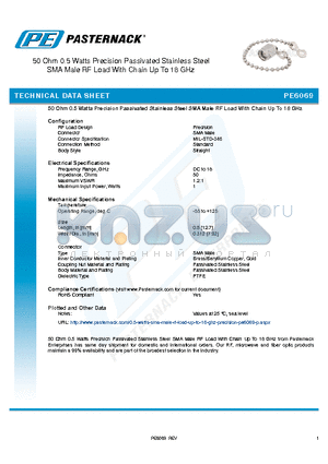 PE6069 datasheet - 50 Ohm 0.5 Watts Precision Passivated Stainless Steel SMA Male RF Load With Chain Up To 18 GHz