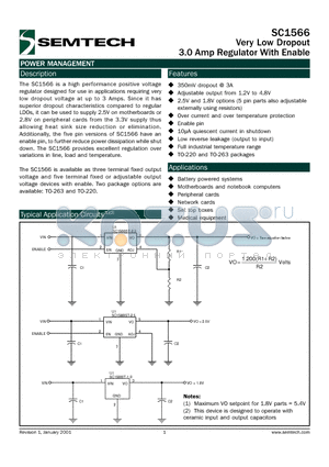 SC1566 datasheet - Very Low Dropout 3.0 Amp Regulator With Enable