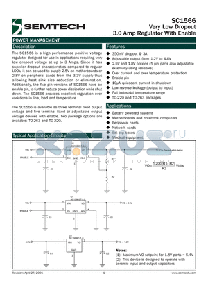 SC1566I5T-X.X datasheet - Very Low Dropout 3.0 Amp Regulator With Enable