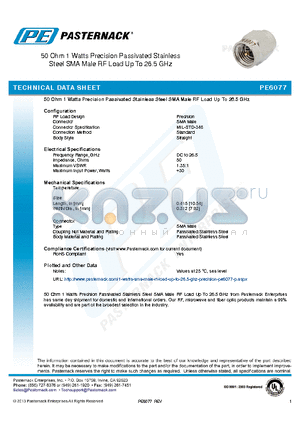 PE6077 datasheet - 50 Ohm 1 Watts Precision Passivated Stainless Steel SMA Male RF Load Up To 26.5 GHz