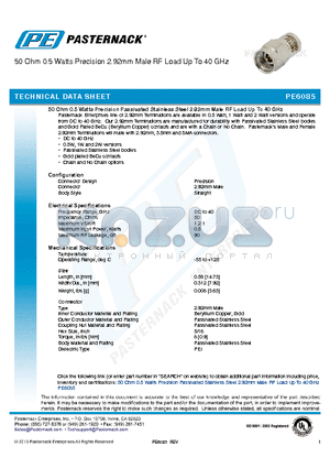 PE6085 datasheet - 50 Ohm 0.5 Watts Precision 2.92mm Male RF Load Up To 40 GHz