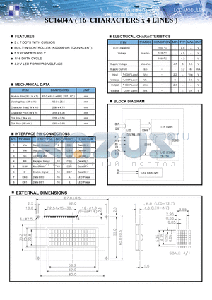 SC1604A datasheet - LCD MODULES SC1604A ( 16 CHARACTERS x 4 LINES )