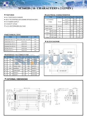 SC1602D datasheet - LCD MODULES 16 CHARACTERS x 2 LINES