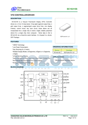 SC16315S datasheet - VFD CONTROLLER/DRIVER