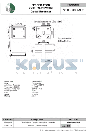 X16M000000S104 datasheet - Control Drawing Crystal Resonator