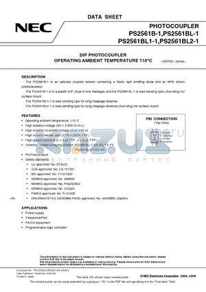 PS2561BL-1Y-V-F3-A datasheet - DIP PHOTOCOUPLER OPERATING AMBIENT TEMPERATURE 110`C