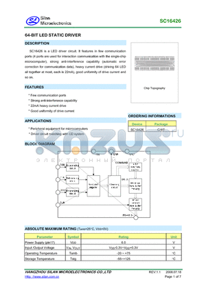 SC16426 datasheet - 64-BIT LED STATIC DRIVER
