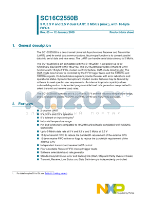 SC16C2550BIA44 datasheet - 5 V, 3.3 V and 2.5 V dual UART, 5 Mbit/s (max.), with 16-byte FIFOs