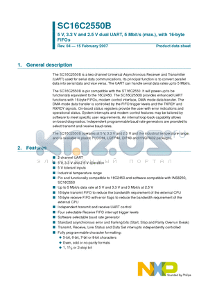 SC16C2550BIB48 datasheet - 5 V, 3.3 V and 2.5 V dual UART, 5 Mbit/s (max.), with 16-byte FIFOs