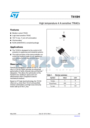 T410H datasheet - High temperature 4 A sensitive TRIACs