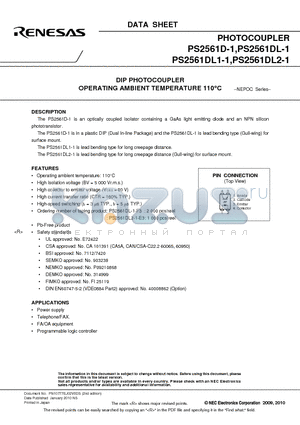 PS2561DL-1-F3 datasheet - DIP PHOTOCOUPLER OPERATING AMBIENT TEMPERATURE 110`C