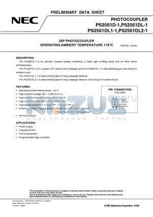 PS2561DL-1-V datasheet - DIP PHOTOCOUPLER OPERATING AMBIENT TEMPERATURE 110`C