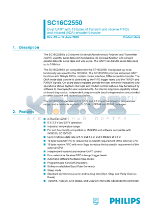 SC16C2550IB48 datasheet - Dual UART with 16 bytes of transmit and receive FIFOs and infrared (IrDA) encoder/decoder