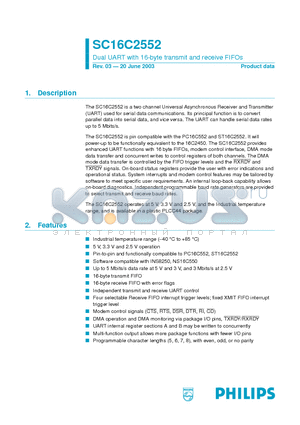 SC16C2552IA44 datasheet - Dual UART with 16-byte transmit and receive FIFOs