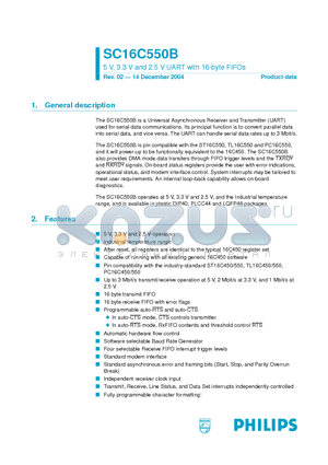 SC16C550BIN40 datasheet - 5 V, 3.3 V and 2.5 V UART with 16-byte FIFOs