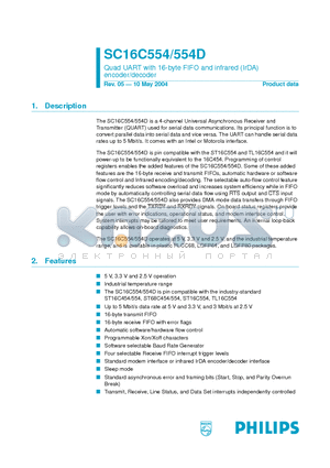 SC16C554 datasheet - Quad UART with 16-byte FIFO and infrared (IrDA) encoder/decoder