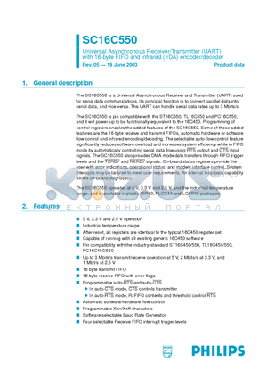 SC16C550 datasheet - Universal Asynchronous Receiver/Transmitter (UART) with 16-byte FIFO and infrared (IrDA) encoder/decoder