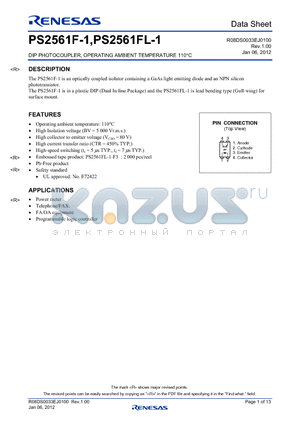 PS2561F-1 datasheet - DIP PHOTOCOUPLER, OPERATING AMBIENT TEMPERATURE 110`C