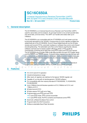 SC16C650A datasheet - Universal Asynchronous Receiver/Transmitter (UART) with 32-byte FIFO and infrared (IrDA) encoder/decoder