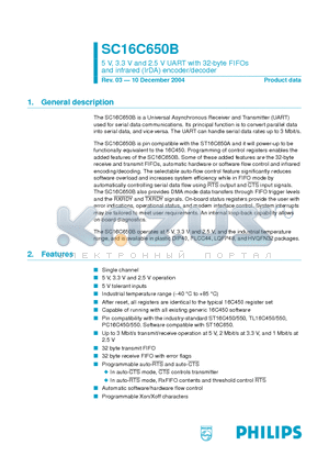 SC16C650B datasheet - 5 V, 3.3 V and 2.5 V UART with 32-byte FIFOs and infrared (IrDA) encoder/decoder