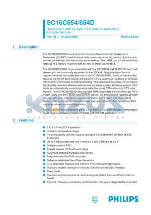 SC16C654DIB64 datasheet - Quad UART with 64-byte FIFO and infrared (IrDA) encoder/decoder