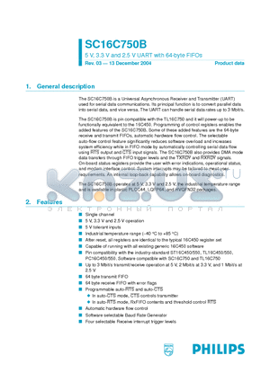 SC16C750BIA44 datasheet - 5 V, 3.3 V and 2.5 V UART with 64-byte FIFOs