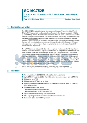 SC16C752BIB48 datasheet - 5 V, 3.3 V and 2.5 V dual UART, 5 Mbit/s (max.), with 64-byte FIFOs