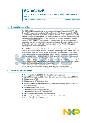 SC16C752BIB48 datasheet - 5 V, 2.2 V and 2.5 V dual UART, 5 Mbit/s (max.), with 64-byte FIFOs