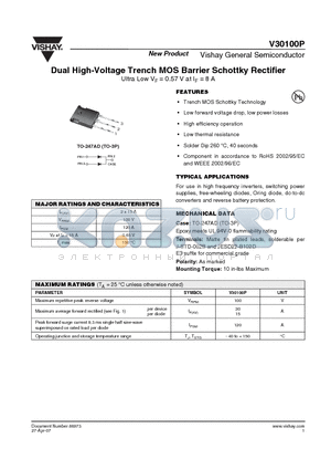 V30100P datasheet - Dual High-Voltage Trench MOS Barrier Schottky Rectifier