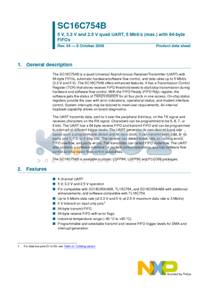 SC16C754BIA68 datasheet - 5 V, 3.3 V and 2.5 V quad UART, 5 Mbit/s (max.) with 64-byte FIFOs