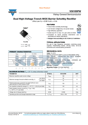 V30100PW-M3-4W datasheet - Dual High-Voltage Trench MOS Barrier Schottky Rectifier
