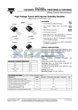 V30100SG-E3/4W datasheet - High-Voltage Trench MOS Barrier Schottky Rectifier Ultra Low VF = 0.437 V at IF = 5 A