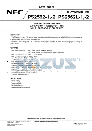 PS2562-2 datasheet - HIGH ISOLATION VOLTAGE DARLINGTON TRANSISTOR TYPE MULTI PHOTOCOUPLER SERIES