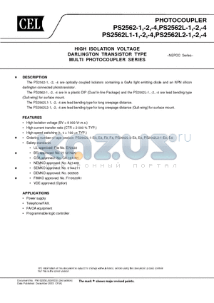 PS2562-1 datasheet - HIGH ISOLATION VOLTAGE DARLINGTON TRANSISTOR TYPE MULTI PHOTOCOUPLER SERIES